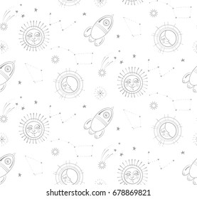 Night Sky Seamless Pattern with Cute Elements. Moon, Stars, Comet, Planet, Rocket. Vector illustration