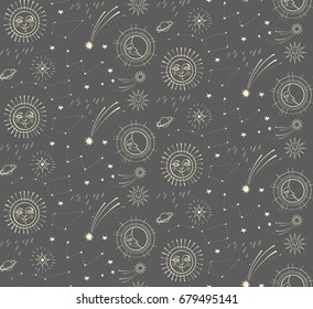 Night Sky Seamless Pattern with Cute Elements. Moon, Stars, Comet, Planet, Rocket. Vector illustration