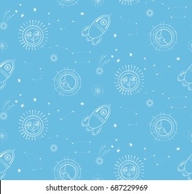 Night Sky Seamless Pattern with Cute Elements. Moon, Stars, Comet, Planet, Rocket. Vector illustration