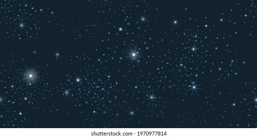 Night sky seamless pattern. Dark blue galaxy stars background, star constellations space backdrop, starry galactical map graphic wallpaper, clear observation universe sparks texture