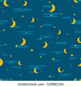 Night sky seamless pattern design. Moon, stars and clouds repetitive print. Children or kids repeating background for textile, wrapping paper, clothes, pillow. Baby cartoon vector illustration.