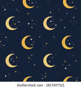 Night sky seamless pattern. Moon and stars vector background. Hand drawn moons on starry sky digital paper