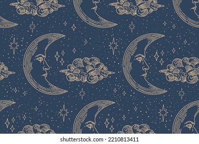 Patrón sin fisuras del cielo nocturno. Luna con rostro humano. Creciente mágico. Conjunto de ilustraciones vectoriales lineales. Ilustraciones celestiales. elementos de diseño para la decoración de estilo moderno.