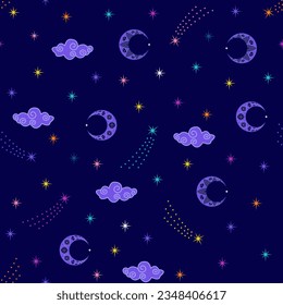 night sky seamless pattern. moon, crescent, stars, meteor, cloud background. good for fabric, fashion, pajama, bedding, linen, night sleep wear, textile, wallpaper.