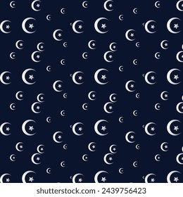 Night sky seamless pattern moon and star background night sky moon and star vector background Islamic religion design with crescent moons stars and north pole star like compass at sky dark blue