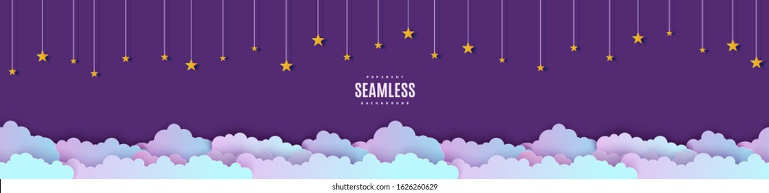 Night sky seamless pattern in paper cut style. Cut out 3d background with violet and blue gradient cloudy landscape with stars on rope papercut art. Cute vector origami clouds repetitive border