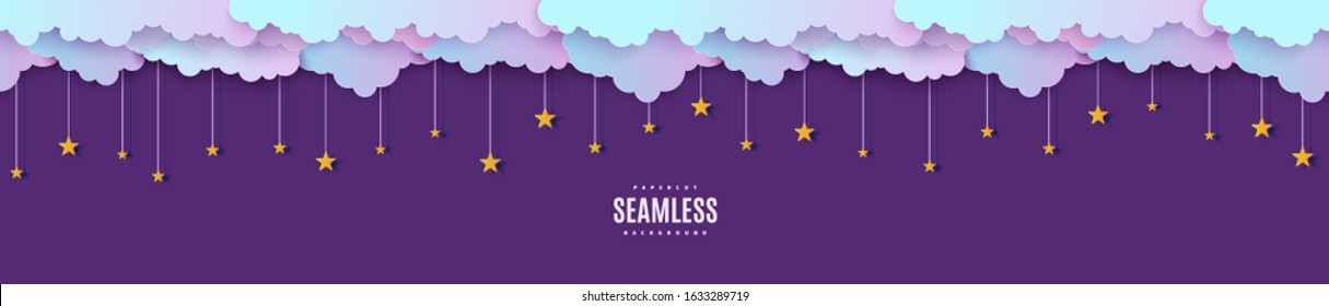 Night sky seamless pattern in paper cut style. Cut out 3d background with violet and blue gradient cloudy landscape with stars on rope papercut art. Cute vector origami clouds repetitive border