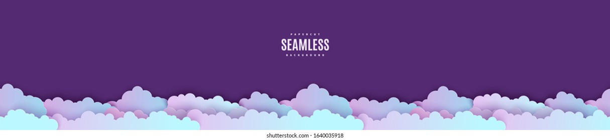 Night sky seamless pattern in paper cut style. Cut out 3d background with violet and blue gradient cloudy landscape papercut art. Cute origami clouds repetitive border. Vector card illustration