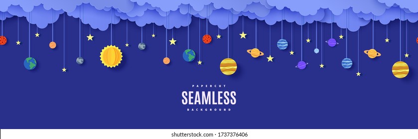 Night sky seamless pattern with planets and stars on rope in paper cut style. Cut out 3d background with cloudy landscape with space solar system papercut art. Kids vector origami repetitive border