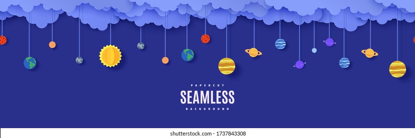 Night Sky Seamless Pattern With Planets On Rope In Paper Cut Style. Cut Out 3d Galaxy Background With Cloudy Landscape And Space Solar System Papercut Art. Kids Vector Origami Repetitive Border