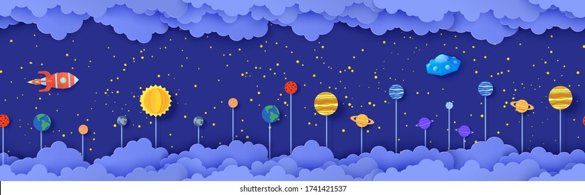 Night Sky Seamless Pattern With Planets On Stick In Paper Cut Style. Cut Out 3d Background With Cloudy Landscape With Space Solar System Papercut Art. Kids Vector Origami Repetitive Border