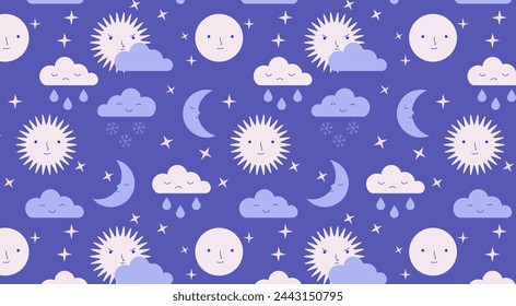 Night sky seamless pattern with smiling sun, moon, stars, and clouds in pastel colours. Baby room decoration and textile design. Weather patterns illustration.