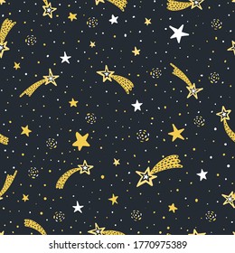 Night sky seamless pattern.  Stars and comets on a dark blue background, hand drawn style.