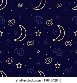 Nachthimmel nahtloses Muster mit Sternen, Spiralen, Punkten und dem Mond. Dunkelblauer Hintergrund. Vektorgrafik.