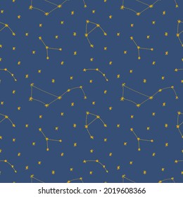 Night sky seamless pattern with stars in cartoon flat childish style on blue background. vector illustration of star constellations for baby apparel, textile and product design, wallpaper, wrapping