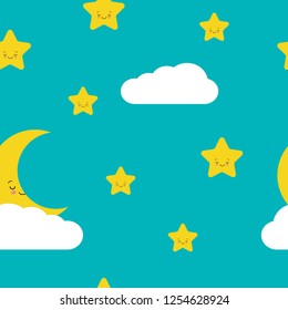 Night sky seamless pattern in vector. Cute stars. moon and cloud with smiling faces