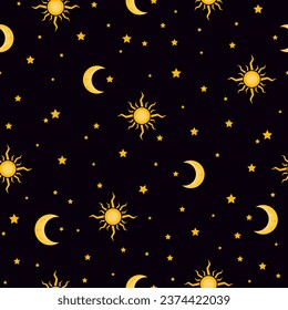 night sky seamless pattern. wizard magic print. sun, stars, moon, crescent background. good for fabric, bedding, fashion design, textile, wallpaper, backdrop, clothing, pajama.