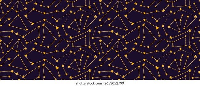 Céu noturno padrão sem emenda com constelações amarelas e estrelas. Crayon desenhado fundo estrelado doodle funky. Brincalhão simples infantil constelações plano de fundo perfeito. Universo estrelado papel de parede.