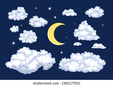 Night sky set. Clouds of different shapes and moon. Vector illustration in cartoon flat style.