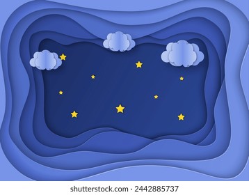 Cielo nocturno con estrellas brillantes y nubes. corte de papel y estilo artesanal. vector, ilustración. Fondo abstracto 3D. formas de corte de papel.