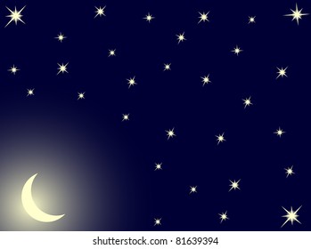 The night sky with shining stars and a crescent moon