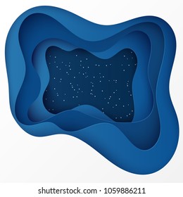 Night sky with shining stars. Paper art 3D abstract background with origami shapes. Paper waves, layers texture. Geometric design layout.