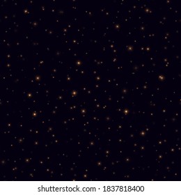Night sky with shining stars seamless pattern. Fireflies flying in the night, yellow sparkles on a dark blue background. Golden stardust light effect. Abstract vector backdrop.