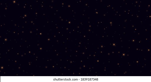 Night sky with shining stars seamless pattern. Fireflies flying in the night, yellow sparkles on a dark blue background. Golden stardust light effect. Abstract vector backdrop.