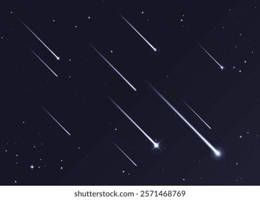 Night sky with shooting stars vector background. Space comets and meteors falling with light trails and sparkles. Realistic 3d shooting stars or meteor shower on dark night sky, starry galaxy backdrop