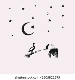 Night Sky Silhouettes with Crescent Moon, Stars, Bird on Branch, and Observatory - An Artistic Scene Combining Nature and Science