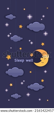 Night sky. Sleep well. Vertical poster. Clouds, crescent moon with stars. Cartoon paper cut 