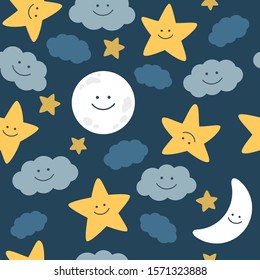 星や雲 三日月が卵形の子どものイラストを描いています テキストは下でおやすみなさい 落ち着く赤ちゃんの絵 のベクター画像素材 ロイヤリティフリー