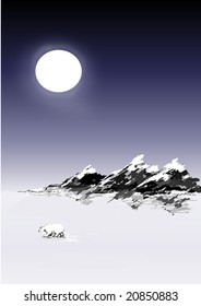 Night sky, snow tipped mountains and polar bear