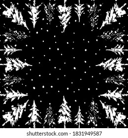 Night sky and snowfall. Silhouettes of Christmas tree. Square frame. Black and white vector Illustration.