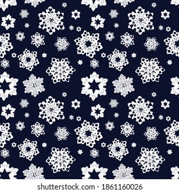 Night sky snowflakes seamless pattern. Vector illustration. Christmas and New Year theme, winter holidays background.