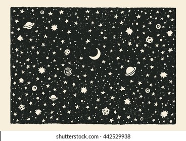 Night Sky. Space With Stars And Planets.Hand-Drawn Doodle Background. Vector Illustration