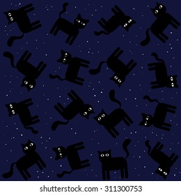 night sky with star and black cats in space - vector pattern as a background
