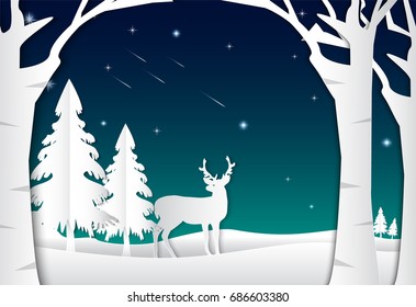 Night sky with star and comet, landscape nature background, paper art style illustration