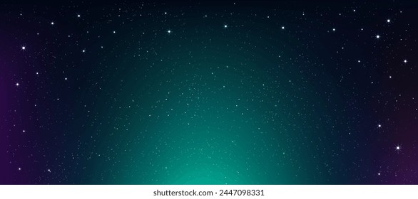 Night Sky, Star Field With Galaxy Night Background, Vector Green Magic Cloud, Christmas Aurora Starry Abstract Texture, Nature Light Scene, Winter Holiday Illustration, Fantasy Cosmic Banner And Copy Space