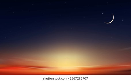 Night Sky with Star,Islamic card with Crescent moon on Sunset sky, Ramadan Night with twilight dusk sky for Islamic religion,Eid al-Adha,Eid Mubarak,Eid al fitr,Ramadan Kareem,Muharram 
