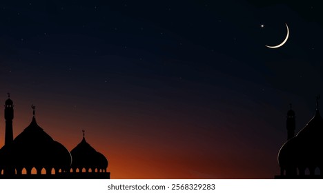 Night Sky with Star,Islamic card with Mosques dome,Crescent moon on Sunset sky, Ramadan Night with twilight dusk sky for Islamic religion,Eid al-Adha,Eid Mubarak,Eid al fitr,Ramadan Kareem,Muharram 
