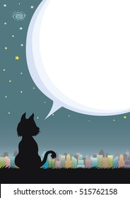 Night sky and starry with speech bubble or moonlight. Silhouette of cat outdoor with city. Cartoon drawing illustration.