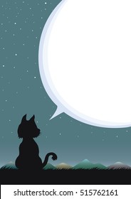 Night sky and starry with speech bubble or moonlight. Silhouette of cat outdoor. Cartoon drawing illustration.