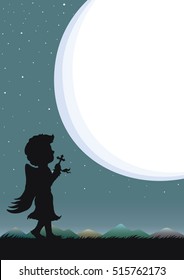 Night sky and starry with speech bubble or moonlight. Silhouette of angel praying at night. Cartoon drawing for astrology design.