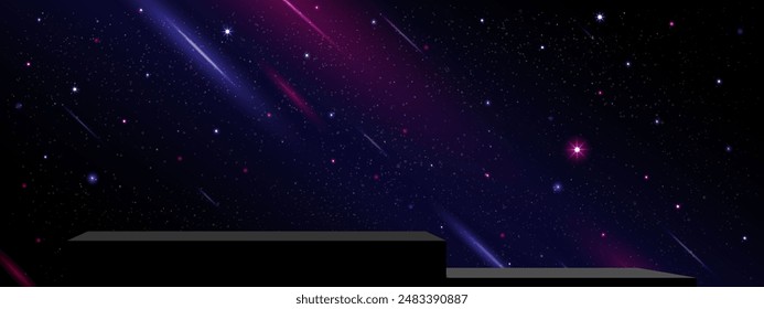 Night Sky Starry Universe Background,Black 3d Podium stand on Galaxy Space,Cloud with Nebula,Stars in Winter Night,Nature Stardust Milky way galaxy,Banner for Christmas ,New Year,Black Friday



