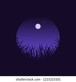 Night sky with stars above grass. Black silhouette of grass. Round composition, view looking up from the ground level. Vector illustration