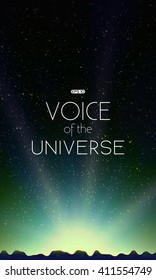 Night sky with stars. Abstract vector background with mountain landscape and sky with stars. Glow of rising sun over the mountains. Morning on distant planet. Sparkles of alien stars. 
