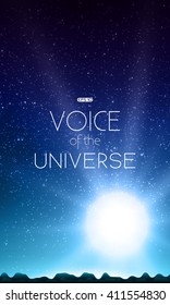 Night sky with stars. Abstract vector background with mountain landscape and sky with stars. Glow of rising sun over the mountains. Morning on distant planet. Sparkles of alien stars. 