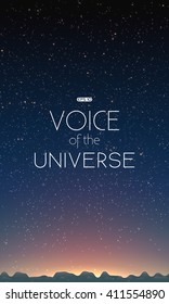 Night sky with stars. Abstract vector background with mountain landscape and sky with stars. Glow of sun behind the mountains. Morning on distant planet. Sparkles of alien stars on the background. 