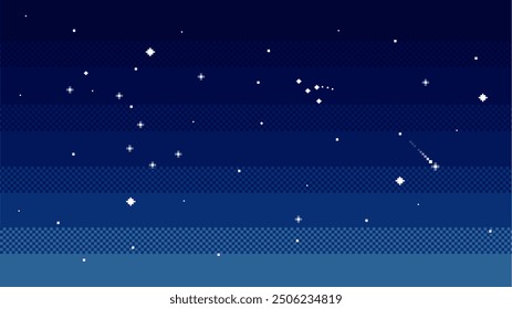 Night sky with stars background in pixel art. Vector illustration.	